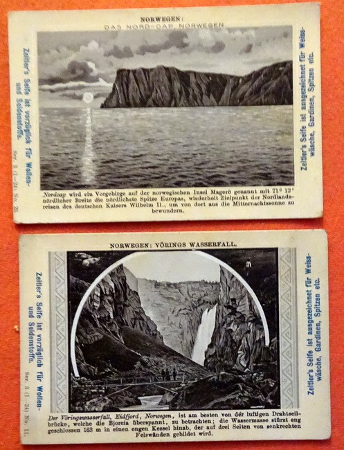   Reklamebild /  Kaufmannsbild / Sammelbild / Kaufmannsbild Zeitler's Seife (2 Bilder Norwegen: Vörings Wasserfall + Das Nord-Cap) 