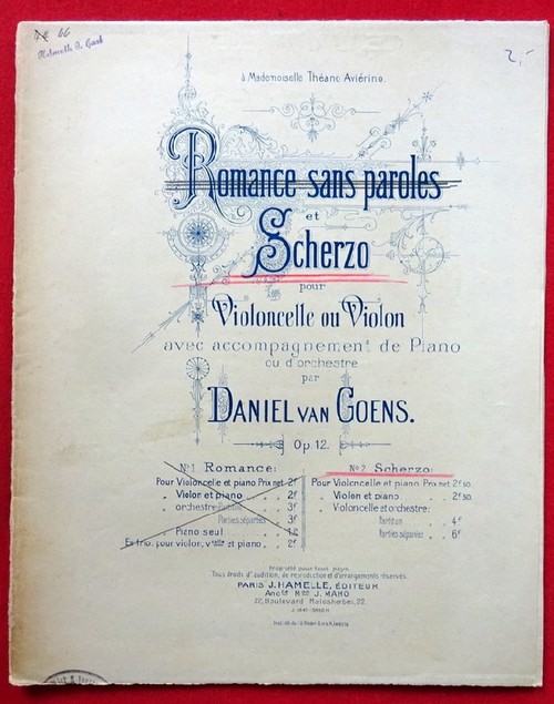 van Goens, Daniel  Romance sans paroles rt Scherzo pour Violoncelle ou Violon avec accompagnement de Piano ou d'Orchestre Op. 12 No. 2 Scherzo 