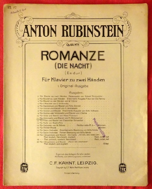 Rubinstein, Anton  Romanze (Die Nacht) Op. 44 No. 11 Es dur (für Violoncello und Klavier) 