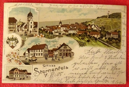   Ansichtskarte AK Gruß aus Sternenfels (4 Motive) (Farblitho. Kirche, Strombergspitze und Ortsansicht, Chr. Fr. Haecker, Schule) 