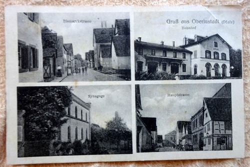   Ansichtskarte AK Gruß aus Oberlustadt (Pfalz) 4 Ansichten (Bismarckstrasse, Synagoge, Bahnhof, Hauptstrasse) 