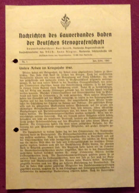 Herold, Karl (Gauverbandsführer) und Hans (NSLB) Riegler  Nachrichten des Gauverbandes Baden der Deutschen Stenografenschaft Nr. 1 Januar / Februar 1941 