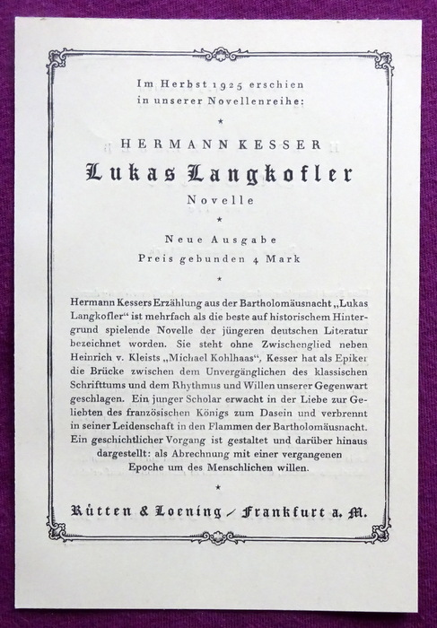 Kesser, Hermann  Werbung für das Buch "Lukas Langkofler" + "Schwester" (Werbeprospekt des Verlages) 