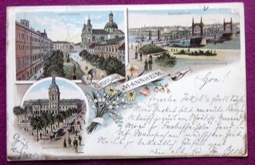   Ansichtskarte AK Farblitho Gruss aus Mannheim (Schillerplatz, Kaufhaus, Neckarbrücke) 