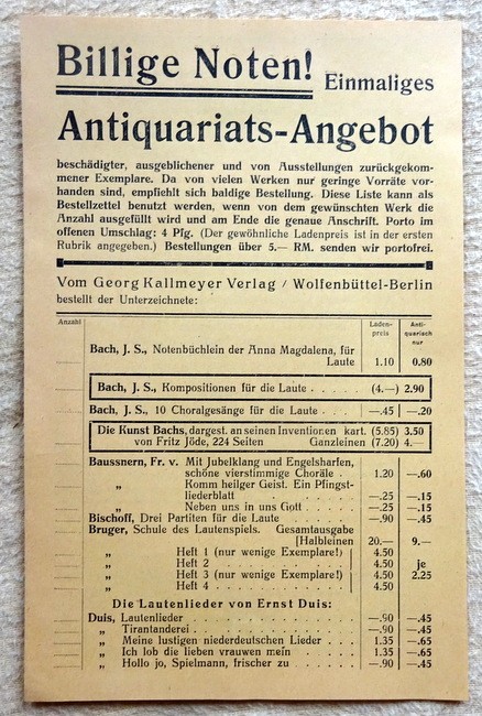 Georg Kallmeyer Verlag  Werbebroschüre "Billige Noten ! Einmaliges Antiquariats-Angebot 