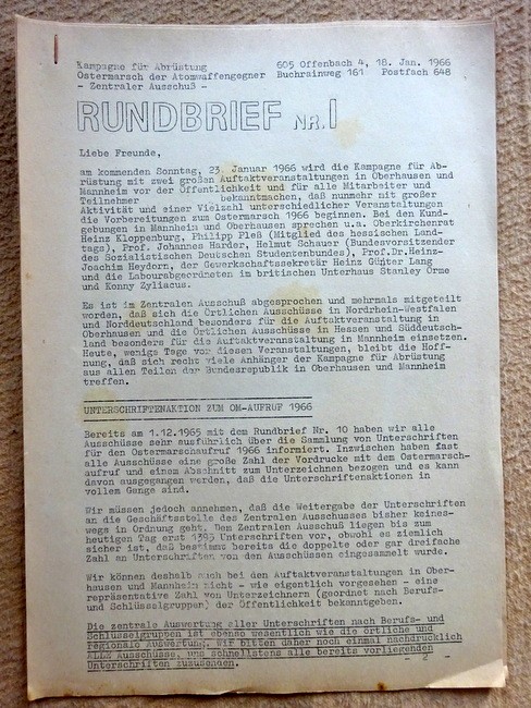 Vack, Klaus  Kampagne für Abrüstung Rundbrief Nr. 1, 18. Januar 1966 