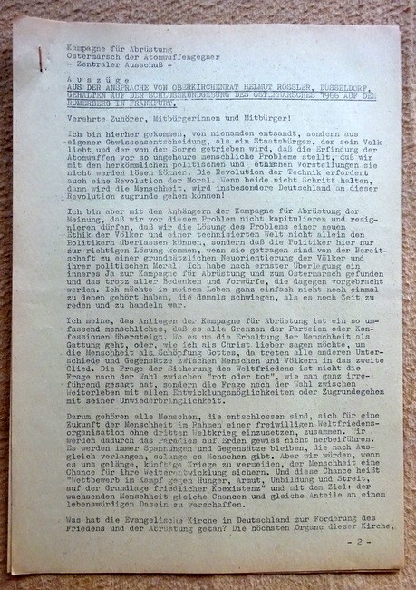   Auszüge aus der Ansprache von Oberkirchenrat Helmut Rössler, Düsseldorf, gehalten auf der Schlusskundgebung des Ostermarsches 1966 auf dem Römerberg in Frankfurt 