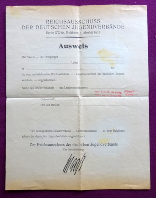 RddJ  Ausweis des Reichsausschuss der deutschen Jugendverbände, Berlin (4seitiges Blatt mit Ausweis ohne Eintrag mit Stempel, dahinter 1 Blatt Bemerkungen und rückseitig Werbung für die ZS "Das Junge Deutschland") 