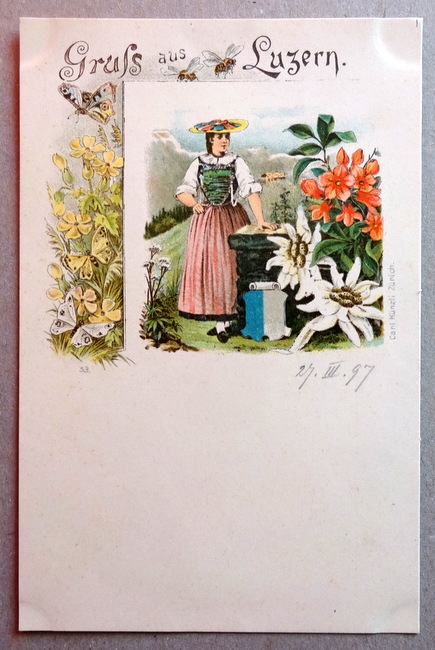   Ansichtskarte AK Gruß aus Luzern. Farblitho. Blumen und Tracht 