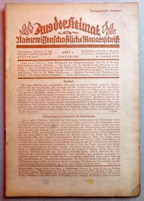 Wagner, Georg Prof. Dr.  Aus der Heimat 42. Jg. Heft 1 Januar 1929 (Naturwissenschaftliche Monatsschrift) 