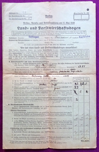 Roßwag, Karl  4seitiges Dokument "Land- und Forstwirtschaftsbogen" Baden von Karl Roßwag aus Söllingen bei Karlsruhe (Volks-, Berufs- und Betriebszählung am 17. Mai 1939) 