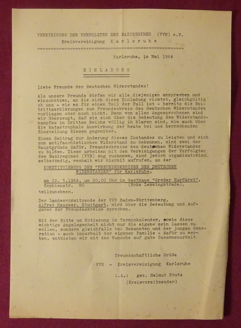 Stutz, Helmut  Flugblatt "Einladung der VVN Kreisvereinigung Karlsruhe zu einer Veranstaltung zur "Konstituierung des Freundeskreises des Deutschen Widerstandes für Karlsruhe" 