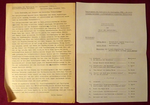 Stutz, Helmut  Flugblatt "Einladung der VVN Kreisvereinigung Karlsruhe "Feier zur Jahreswende" am 11. Januar 1964 in der Kronenhalle, Kronenstrasse 3 in Karlsruhe" + 1 Blatt Programm zur Feier (mit Ludwig Egler, Walter Frick u. Männerchor des Volksbildungsvereins "Conra 