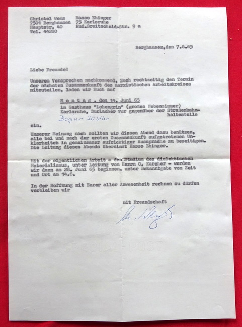Marxistischer Arbeitskreis  Flugblatt "Einladung zum Treffen des Marxistischen Arbeitskreises Karlsruhe am 14. Juni 1965 im Gasthaus "Lohengrin" Karlsruhe Durlacher Tor (Christel Wenz u. Hasso Ehinger) 