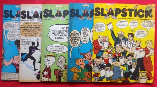 Nikel, Hans A. (Hg.)  SLAPSTICK Jahrgang 1 (1975) Nr. 1,2 + Jahrgang 2 (1976) Nr. 1,2,3 (Satirische Monatsschrift. Magazin für alle, denen das Lesen zusammenhängender Texte Schwierigkeiten bereitet) 