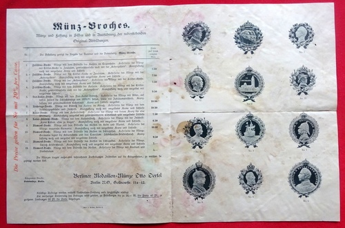 Oertel, Otto  Preis-Verzeichnis über Münz-Broches von der Berliner Medaillen-Münze Otto Oertel 