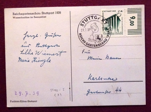   Ansichtskarte AK "Reichsgartenschau Stuttgart 1939. Wasserfontäne im Seengebiet" (Briefmarke Deutsches Reich 7+4 Sondermarke Reichsgartenschau + Stempel derselben) 