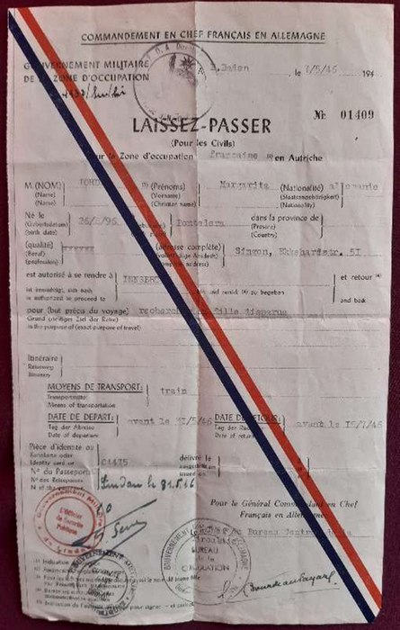 Jordan, Margarita  Laissez-Passer (Pour les Civils) sur la Zone d'occupation francaise en Autriche 7.5.1946 (Passierschein des Gouvernement Militaire de la Zone D'Occupation) 