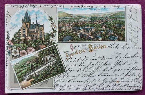   Ansichtskarte AK Gruss aus Baden-Baden. Farblitho 3 Ansichten (Schloss Soloms, Das Echo, Panorama) 