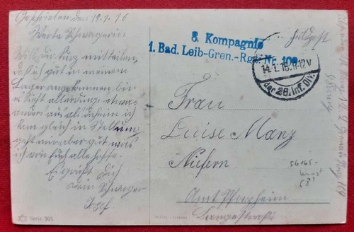   Stempel auf Ansichtskarte AK (Kunstkarte) 8. Kompagnie 1. Bad. Leib-Grenadier-Regiment Nr. 109 