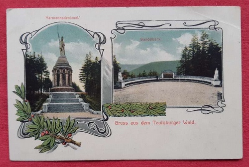   Ansichtskarte AK Detmold. Hermannsdenkmal, Bandelbank. Gruss aus dem Teutoburger Wald (Stempel Hermannsdenkmal 30. Sept. 1912 Grotenburg) 