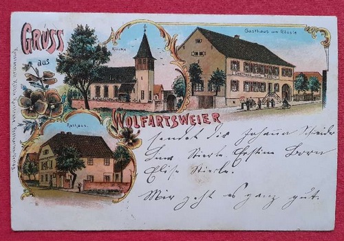   AK Ansichtskarte Gruss aus Wolfartsweier. Farblithographie. 3 Ansichten (Kirche, Rathaus, Gasthaus zum Rössle) 