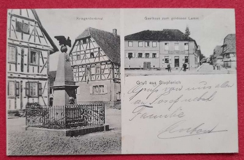  AK Ansichtskarte Gruss aus Stupferich. Gasthaus zum Goldenen Lamm, Kriegerdenkmal 