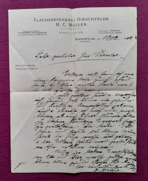   Brief Briefkopf Flachsspinnerei Hirschfelde H.C. Müller (Sachsen) 