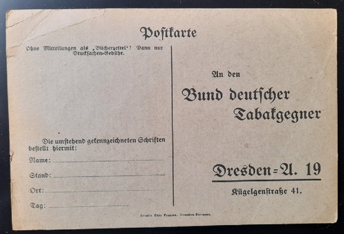   AK Postkarte des Bund deutscher Tabakgegner Dresden umseitig mit zahlreichen beworbenen Buch und Flugblatt-Titeln zur Werbung 