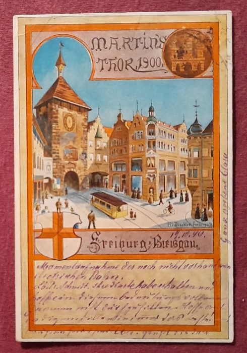   AK Ansichtskarte Freiburg Martin`s Thor 1900 (Farblitho v. Künstler A. Dischler, Stempel Freiburg 1899) 