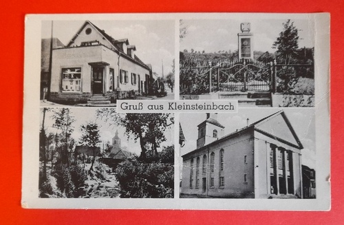   Ansichtskarte AK Gruß aus Kleinsteinbach. 4 Ansichten (Bäckerei, Kriegerdenkmal, Kirche, Ortsansicht an der Pfinz) 