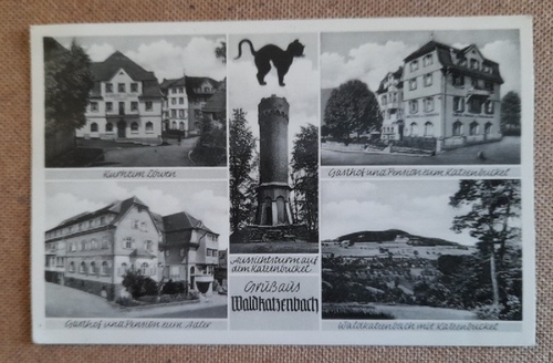   Ansichtskarte AK Gruß aus Waldkatzenbach (Gde. Waldbrunn) (5 Ansichten: Kurheim, Gasthof zum Adler, Aussichtsturm, Gasthof zum Katzenbuckel, Wadkatzenbach..) 
