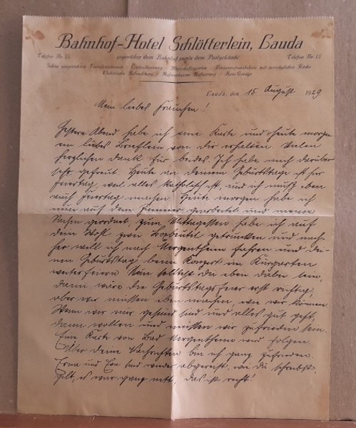   1 Batt Brief auf einem Briefbogen des "Bahnhof-Hotel Schlötterlein, Lauda" (vom 1. August 1929) 