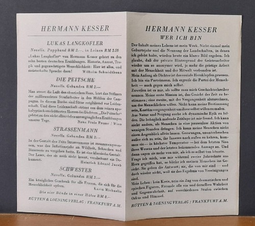 Kesser, Hermann  Verlagswerbung für 5 Werke von Hermann Kesser 