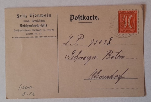 Esenwein, Fritz  Firmenpost / Postkarte mit Absender Fritz Esenwein, mech. Werkstätte Reichenbach-Fils (mit Briefmarke Dt. Reich 40Pf, Stempel Reichenbach v. 4.12.1921 an den Schwarzwälder Boten) 