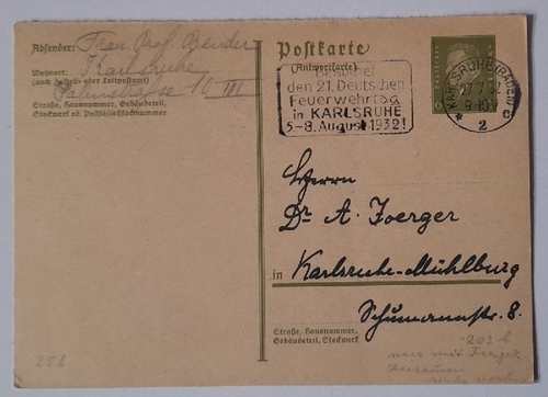   Postkarte / Firmenpost als Ganzsache Ebert 6Pf (adressiert an Dr. A. Joerger Karlsruhe-Mühlburg v. 27.7.1932 mit Sonder-Stempel "Besuchet den 21. Deutschen Feuerwehrtag in Karlsruhe 5.-8. August 1932!") 