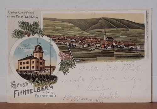   Ansichtskarte AK Unterkunftshaus auf dem Fichtelberg. Gruss vom Fichtelberg im Sächsischen Erzgebirge (Farblitho mit Ansicht Oberwiesenthal etc.) 
