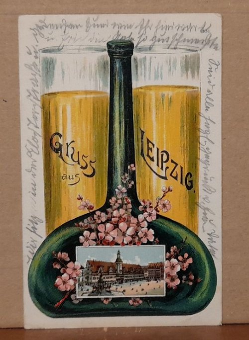   Ansichtskarte AK Gruss aus Leipzig (Farblitho mit Biergläsern und Flasche und Altes Rathaus) 