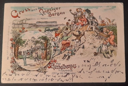   Ansichtskarte AK Leipzig. Gruss aus den Leipziger Bergen vom Gipfel des Scherbelberges im Rosenthal (Farblitho mit Panorama v. Möckern u.a.) 