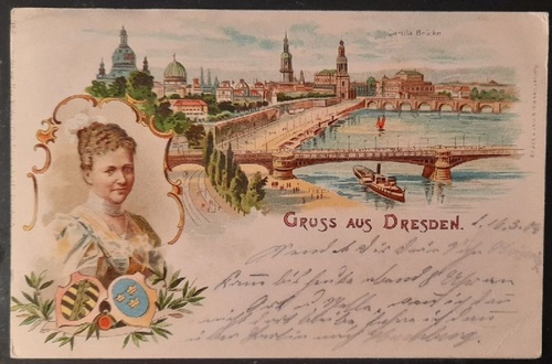   Ansichtskarte AK Gruss aus Dresden. Carola-Brücke mit Fürstinnenbildnis (Farblitho) 