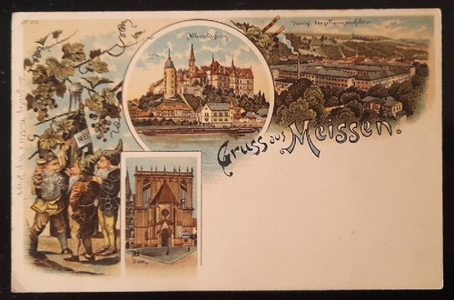   Ansichtskarte AK Gruß aus Meissen. 4 Ansichten (Farblitho. Zwerge, Albrechtsburg, Dom, Porzellanmanufaktur) 