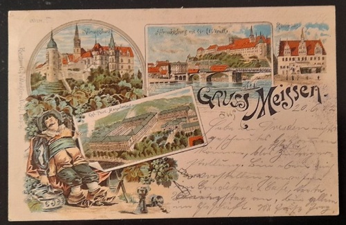   Ansichtskarte AK Gruß aus Meissen. 4 Ansichten (Farblitho. Albrechtsburg, Rathaus, Porzellanmanufaktur) 