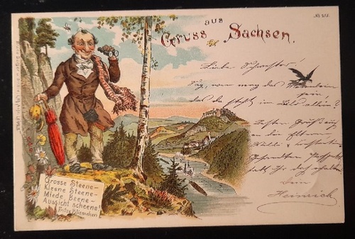   Ansichtskarte AK Gruss aus Sachsen mit Spruch von Fritze Bliemchen "Grosse Steene - Kleene Steen - Miede Beene - Aussicht scheene !" (Farblitho) 