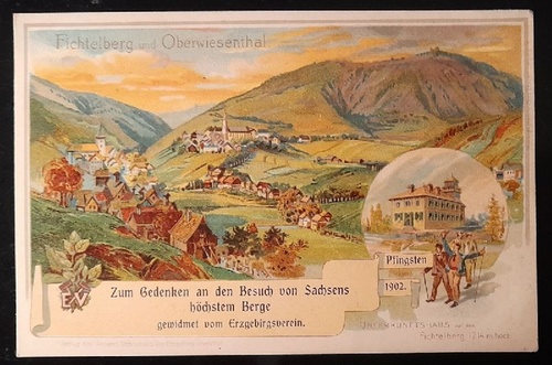   Ansichtskarte AK Fichtelberg und Oberwiesenthal (Farblitho. Zum Gedenken an den Besuch von Sachsens höchstem Berge gewidmet vom Erzgebirgsverein. Pfingsten 1902 mit Unterkunftshaus) 