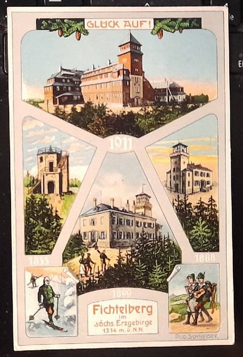   Ansichtskarte AK Fichtelberg im sächsischen Erzgebirge. Glück auf ! 1855, 1888, 1899, 1911 (Farblitho. Künstlerkarte von Rudolf Schneider. 6 Ansichten) 