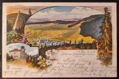   Ansichtskarte AK Blick vom Fichtelberg im sächsischen Erzgebirge. (1214m). 2 Ansichten mit Unterkunftshaus und Prinzenweg (Farblitho) 