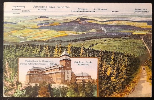   Ansichtskarte AK Blick vom Fichtelberg im sächsischen Erzgebirge. (1214m). 2 Ansichten mit Unterkunftshaus und Bergpanorama (Farblitho) 
