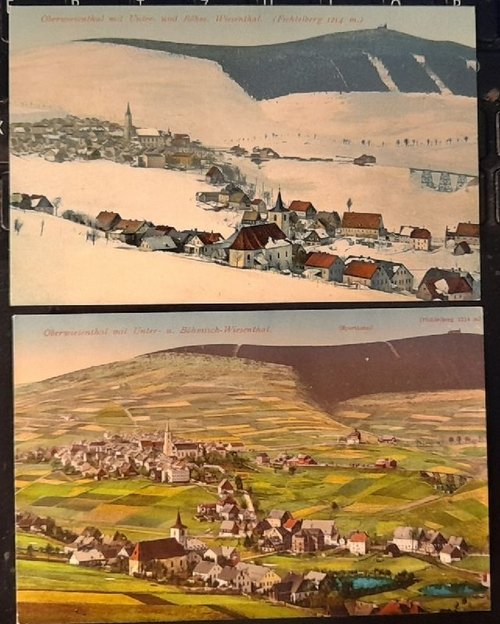   Ansichtskarte AK Oberwiesenthal mit unter- und böhmischem Wiesenthal. 2 Karten, eine Winter 