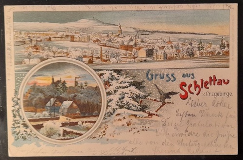   Ansichtskarte AK Gruss aus Schlettau im Erzgebirge. 2 Ansichten (Farblitho) 