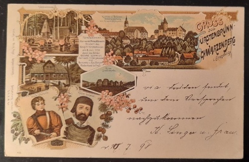   Ansichtskarte AK Gruß aus Fürstenbrunn-Schwarzenberg im sächsischen Erzgebirge (Farblitho, hinten Stempel Bodenbach und Dresden) 